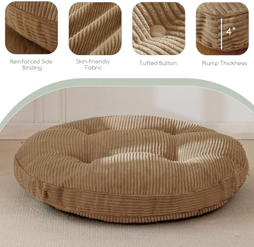 HIGOGOGO 35" Floor Pillow Cushion for Adults, Meditation Cushion Pillow, Extra Large Square Floor Sitting, Tufted Corduroy Cover for Tatami Living Room or Yoga, Coffee