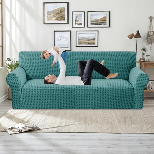 MAXIJIN Stretch Couch Cover Sofa Covers for 3 Cushion Couch (71"-91" Washable Sofa Slipcovers with Non-Slip Foam & Elastic Strap, Dog Cat Pet Friendly Furniture Protector (Large, Peacock Blue)