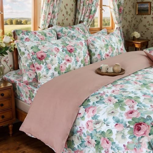 FADFAY Duvet Cover Set Queen Pink Rose Floral Bedding French Country Peony Flower Quilt Cover Set Vintage Farmhouse Bedding 100% Cotton Comforter Cover with Hidden Zipper Closure 3Pcs, Queen Size