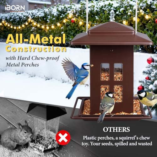 iBorn Bird Feeder for Outdoor Hanging,Metal Bird Feeder Hanging Outside for Cardinal, Double-Sided Hanger Wild Birdfeeder All Metal Constructions, Holds 2.3LB Seed, Bronze,8 Ports