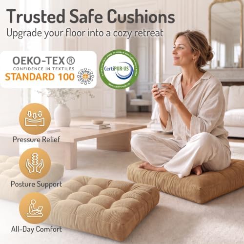 Floor Pillows Set of 2, Large Meditation Cushion for Adults, 22 Inch Square