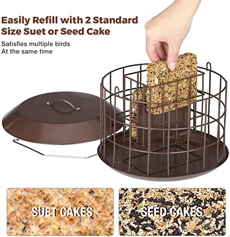 Kingsyard Squirrel Proof Suet Feeder, Cage Bird Feeders for Outdoors Hanging, All Metal, Double Suet Cake Capacity, Tray & Weatherproof, Brown