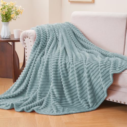 BEDELITE 3D Ribbed Grey Blue Fleece Throw Blanket for Couch, 50x60 Inch