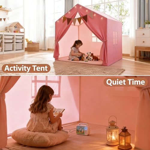 Kids Play Tent, Indoor Playhouse with Mat/Star Lights/Flag - Large 52"x35"x52" Play Tent for Kids, Reading Nook & Playroom Canopy for Boys and Girls (Pink)