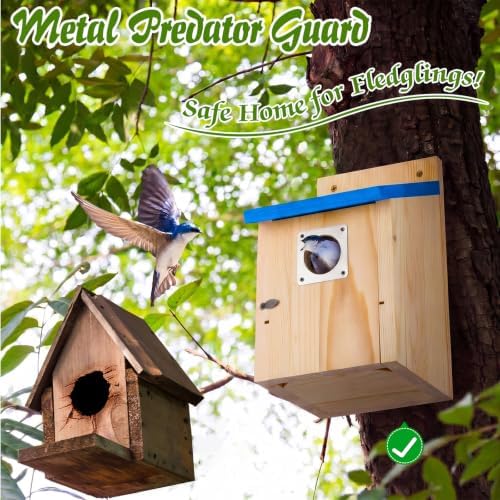 Dreyoo 4 Pack Bluebird Houses for Outside with Metal Predator Guard, 1-1/2" Entrance Hole Wooden Blue Bird Houses for Outdoors, Bluebird Nesting Box(Blue Roof, Wood Body)