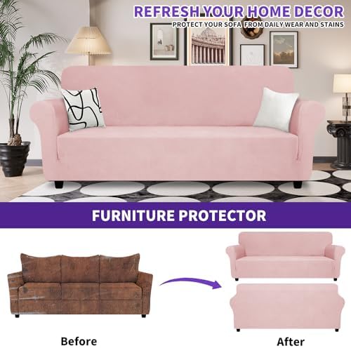ZNSAYOTX Super Stretch Sofa Cover (72"-92"), New Striped Sofa Covers Fitted Slipcovers with Elastic Bottom, Dog Cat Pets Proof Spandex Washable Fabric Comfortable & Durable (Rose, Sofa)