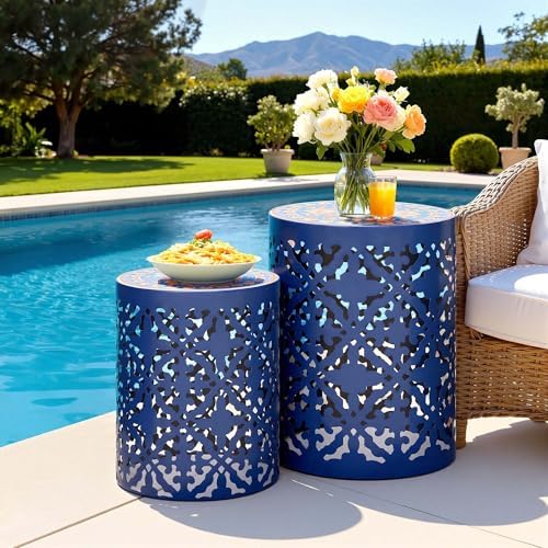 2-Pack Metal Outdoor Side Table, Modern Vintage Scroll Cut-Out Design