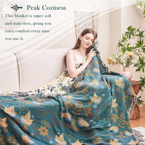 XIBLC Boho Throw Blanket, 100% Cotton Ultra Soft Luxury Throw Rustic Quilt, 80"x90" Floral Printed Farmhouse Decor Bed Summer Blankets, All Season Rustic Reversible Bohemian Throw for Bed - Blue