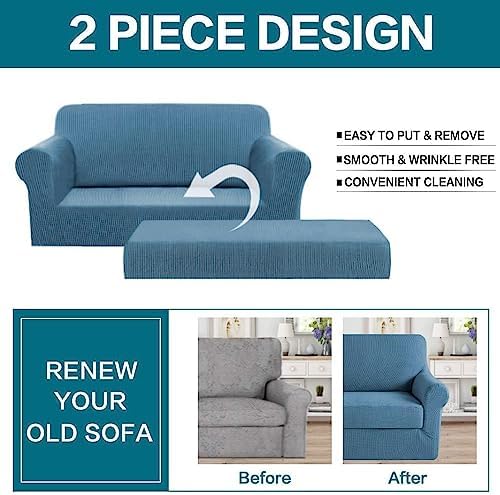 Turquoize Stretch Sofa Slipcover 2 Pieces Sofa Cover Couch Cover for 2 Cushion Couch Washable Furniture Protector Covers with Elastic Bottom Feature Thick Jacquard Fabric (Loveseat, Dusty Blue)
