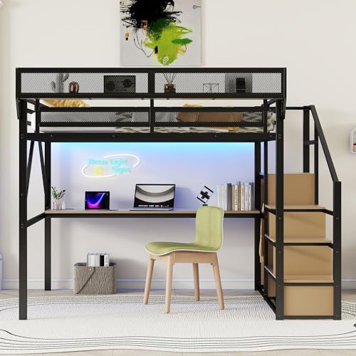 Queen Size Metal Loft Bed Frame with Desk, Staircase, Built-in Storage Shelves and Wardrobe, Modern Loft Bed with Solid Slat, Guardrail, No Box Spring Required, Easy Assembly, for Bedroom, Black