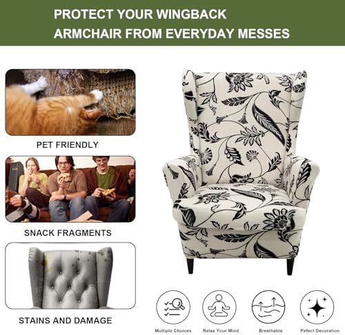HAOYONG Wing Chair Slipcovers Printed Wingback Chair Covers 2 Pieces Wingback Armchair Slipcover Stretch Chair Slip Covers Washable Armchair Protector Cover for Living Room and Bedroom
