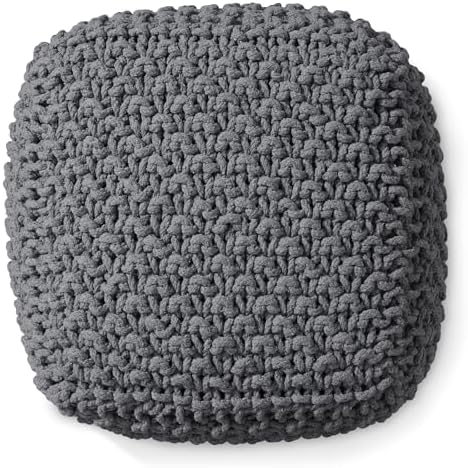 Casafield Square Pouf Ottoman, Dark Gray 18.5" W x 18.5" D x 14.5" H Cotton Knit Foot Stool - Boho Floor Pouffe for Living Room, Bedroom, Home Office