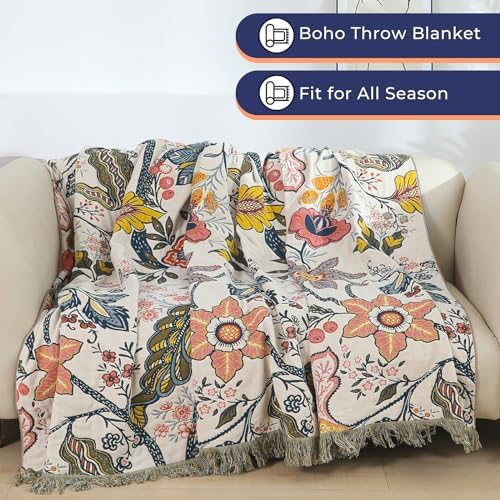100% Cotton Boho Throw Blanket for Bed Couch Travel 60"x80"