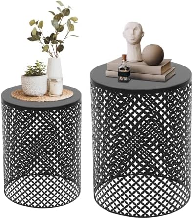 Set of 2 Outdoor Side Table, Garden Stool for Patio, Metal Accent Table Modern End Table, Patio Side Table for Garden, Balcony, Bedroom Indoor Outdoor Decorative, Jet Black