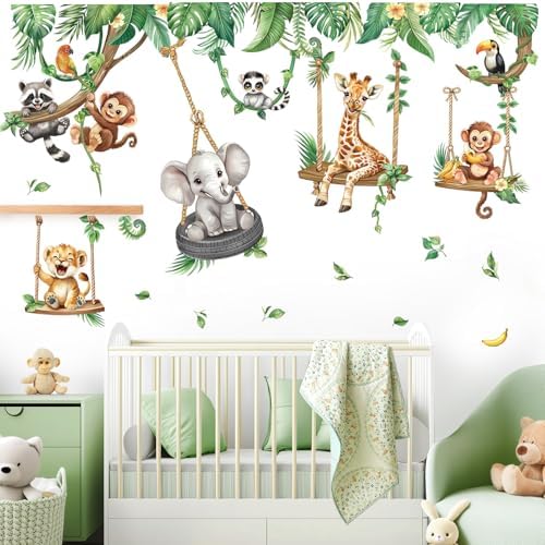 decalmile Jungle Animal on Swings Safari Animal Wall Decals Stickers
