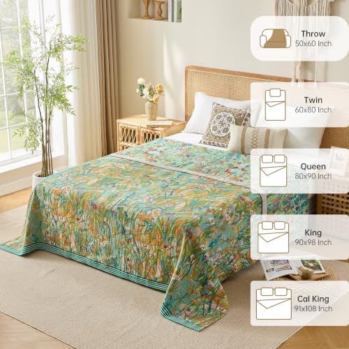 VANJOROY Boho Throw Blanket, 100% Organic Cotton Breathable Skin-Friendly Ultra Soft 60" x 80" Bed Quilt Green Leaf Throw - Floral Rustic Luxury Reversible Blanket for Sofa Couch Chair and Gift,