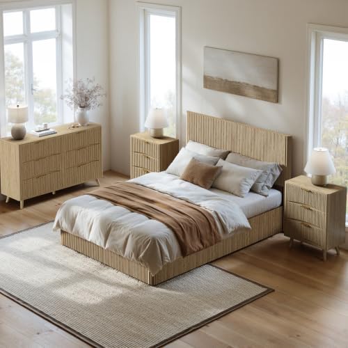 Evermagin Queen Bedroom Set, Storage Bed Frame & 3-Drawer Nightstands, Oak