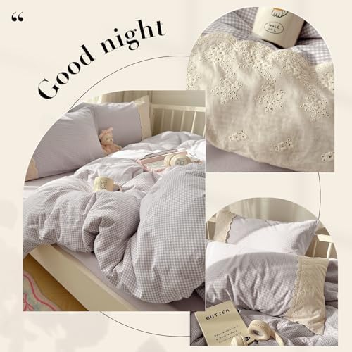 Lace Duvet Cover Set Queen(90"x90"),Lavender Gingham