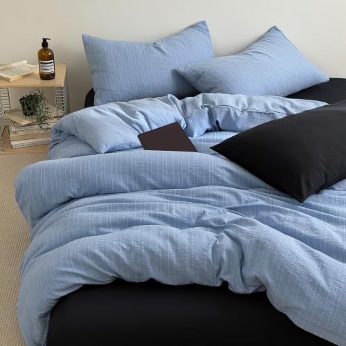 Vintage Blue Striped Duvet Cover Twin 3 Pieces Cottagecore Textured Bedding