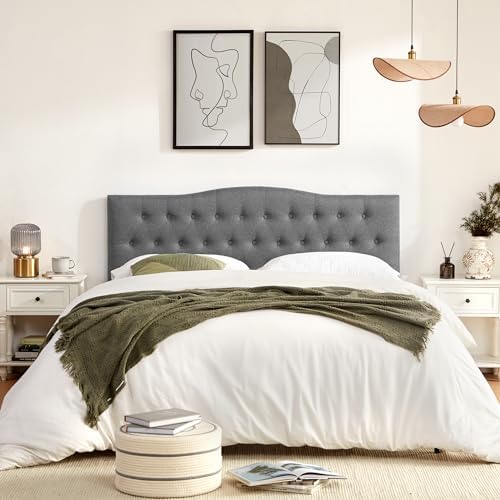 Tufted Headboard King Size, Solid Wood Adjustable Height Head Board, Gray