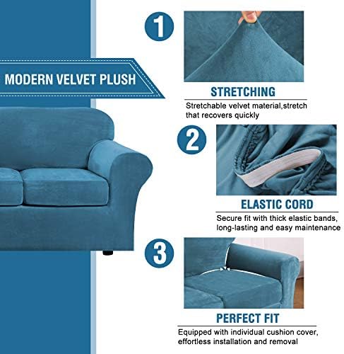 H.VERSAILTEX Rich Velvet Stretch 2 Piece Chair Cover Chair Slipcover Sofa Cover Furniture Protector Couch Soft with Elastic Bottom Chair Couch Cover with Arms Width Up to 49 Inch(Chair,Peacock Blue)