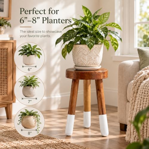 Teak Wood 9" Round Plant Stand |Dip Dyed Plant Stand |Accent Stool |Milking Stool |Bath Stool |Small Side Table (16" Tall White)