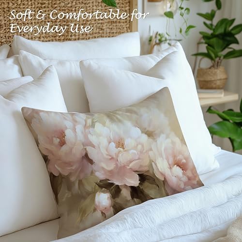Vintage Pink Peony Floral Pillow Cover 12x20, Rustic Farmhouse Cottage Core Botanical Flower Decorative Lumbar Pillow Cover for Couch Bed Living Room Bedroom