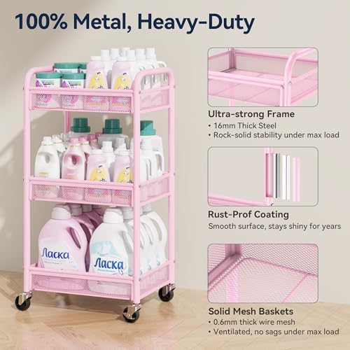 YASONIC 3 Tier Metal Rolling Cart, Pink Utility Storage Cart with Wheels