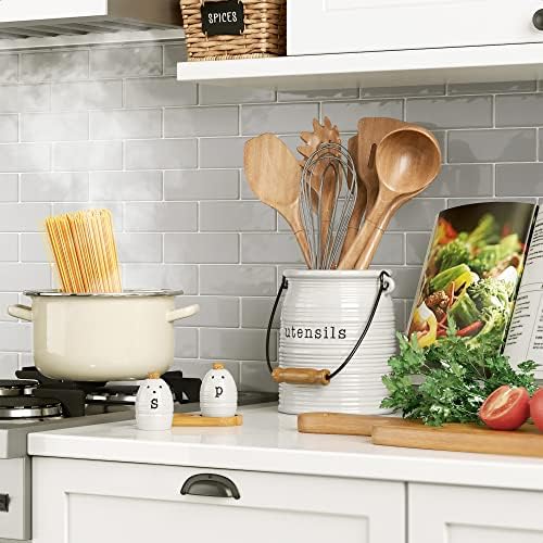Barnyard Designs Ceramic Farmhouse Kitchen Utensil Holder, 6" White