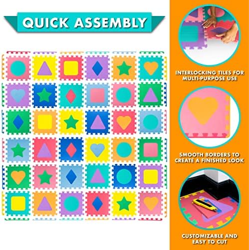 ProSource Kids Foam Puzzle Floor Play Mat with Shapes & Colors 36 Tiles, 12"x12" and 24 Borders