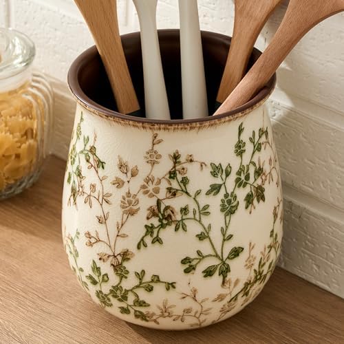 Utensil Holder for Kitchen Counter, Modern Nordic Boho Style Cooking Utensil Holder and Crock Home Kitchen Decor, Ceramic Utensil Organizer for Spatula, Ladle, Eggbeater, Rolling Pin- Green and Beige