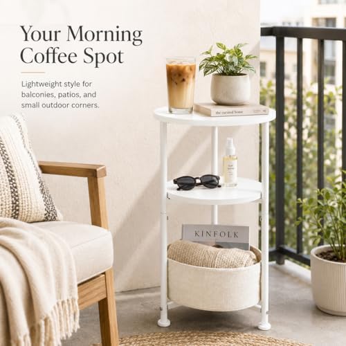3-Tier Small Round Side Table with Storage Basket, White