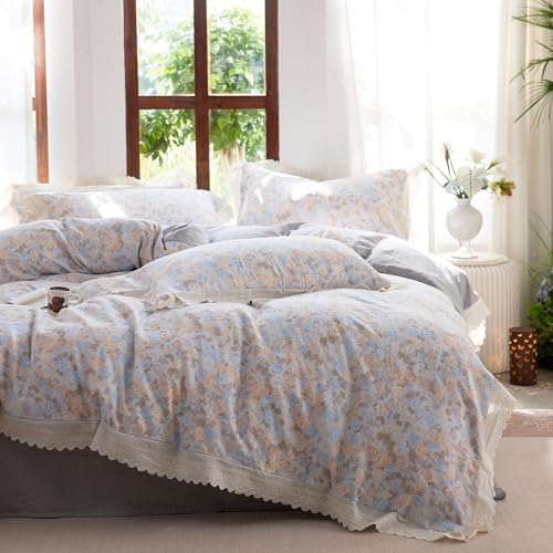 HighBuy Blue Ruffle Duvet Cover Set King Chic Muslin Cotton Floral Bedding Set,Vintage Ruffled Soft Gauze Comforter Cover,Comfortable Chic Lightweight - 1 Duvet Cover with 2 Pillowcase