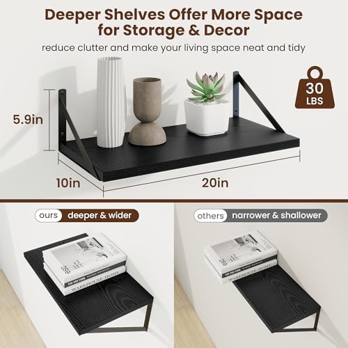 Axeman 20 Inch Floating Shelves, 10 Inch Deep Black Wall Shelves Set of 2