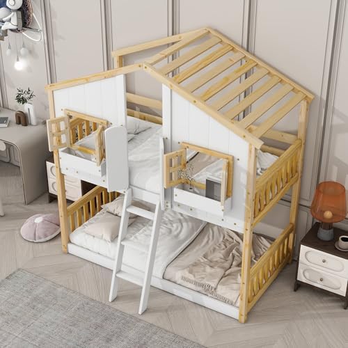 Twin Over Twin House Bunk Bed with Roof and Window, Natural White
