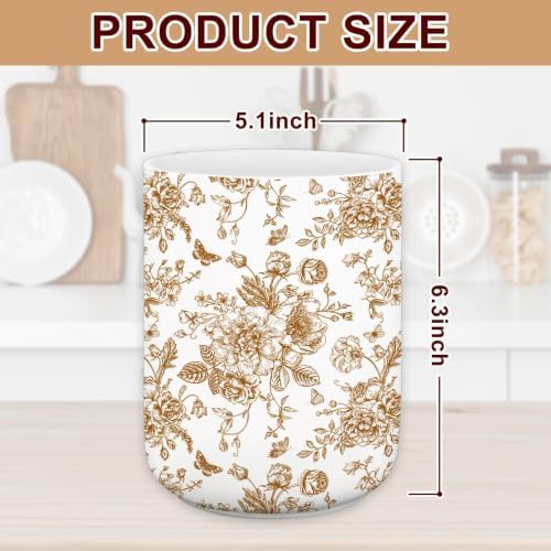 JarThenaAMCS Fall Brown Floral Ceramic Utensil Holder Chopstick Crock