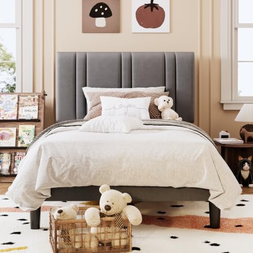 SHA CERLIN Twin Size Velvet Bed Frame with Adjustable Headboard, Grey