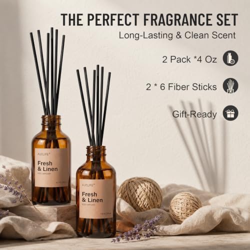 Auelife Reed Diffuser for Home, Fresh & Linen Scent Diffuser 2 Pack 8 Fl Oz