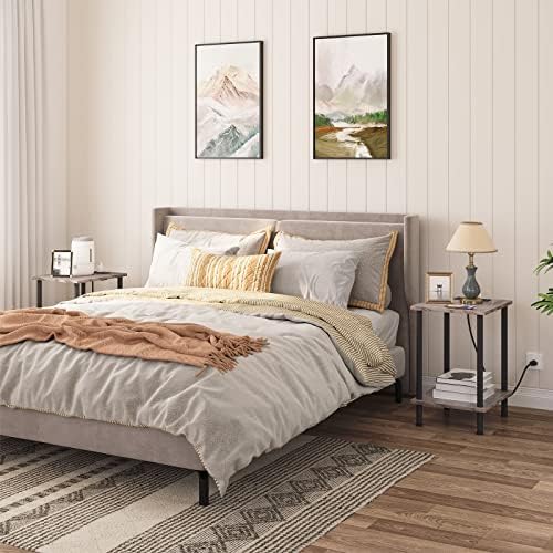 HOOBRO Side Table with Charging Station, Set of 2 End Tables with USB Port and Outlets, Nightstand with 2-Layer Storage Shelves for Small Spaces, Living Room, Bedroom, Greige and Black BG09UBZP201