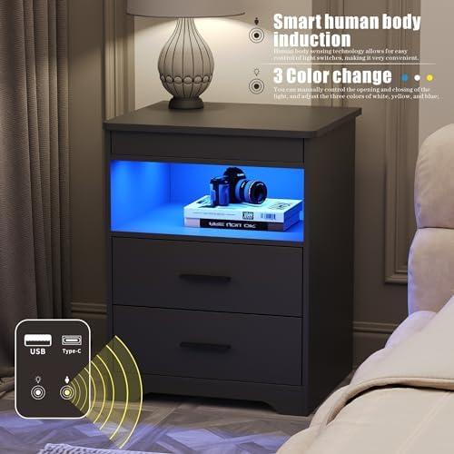 FREDEES LED Nightstand Set 2 with Gun Drawer & Charging Station