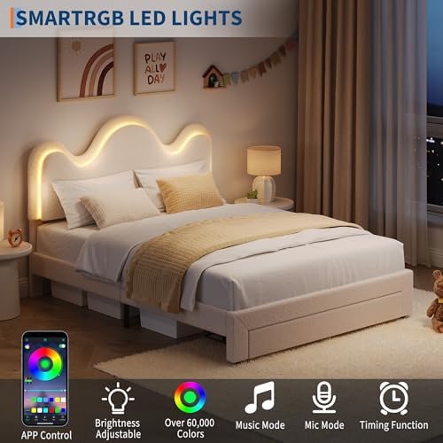 IDEALHOUSE Queen Bed Frame with LED Headboard and Under-Bed Drawer, Metal Upholstered Platform Bed with LED Light for Kids, Girls, Lamb Fleece Fabric, Wooden Slats Support, No Box Spring Needed, White