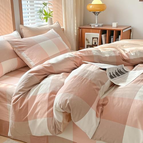AOJIM Pink Buffalo Plaid Duvet Cover Set King Size 100% Washed Cotton Zipper Bedding Set 3 Piece, Soft Checkered Comforter Cover and 2 Pillowcases Vintage Farmhouse Girls Women Bedding Duvet Cover
