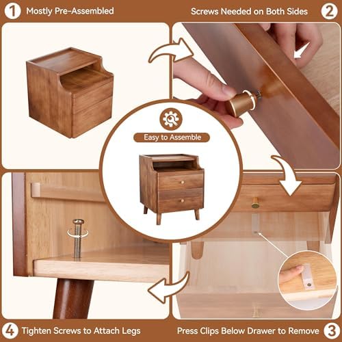 Nightstand with Drawers, Pre-Assembled, 19.7" H Natural Solid Wood Night Stand with Open Sliding Shelf, Mid Century Modern Small Bedside Table Cabinet for Bedroom, Walnut, 16"