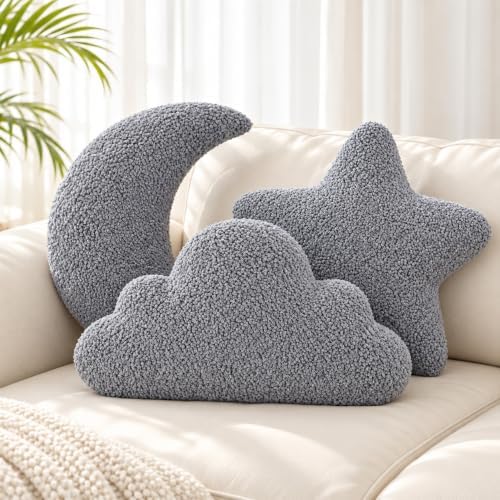 3 Pack Cloud Moon Star Shaped Throw Pillows 16 Inch Gray Plush Pillow Set