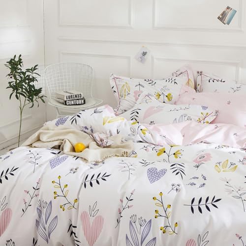 Girls Flower Duvet Cover Twin XL Aesthetic Pink Floral Bedding Set 100% Cotton Flower Comforter Cover Botanical Cottagecore Bedding Set Soft Breathable Pink Floral Duvet Cover with 2 Pillowcases