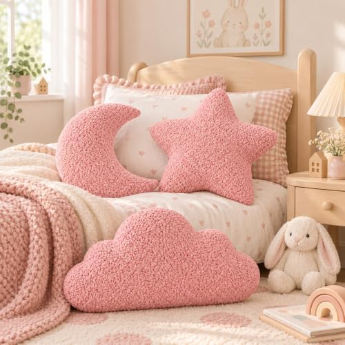 3 Pack Cloud Moon Star Shaped Throw Pillows 16 Inch Pink Plush Pillow Set