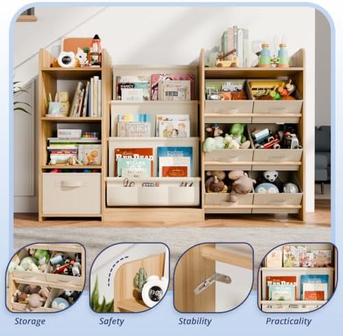 Kids Bookshelf and Toy Storage with 7 Removable Bins, 51 inch, Burlywood