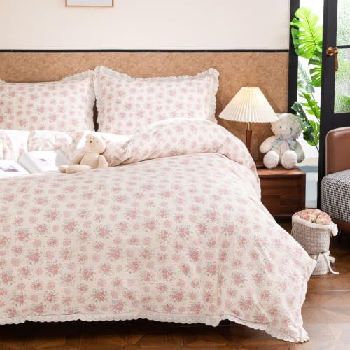 Floral Duvet Cover Queen Pink Flower Bowknot Lace Ruffle Duvet Cover Set Country Vintage Farmhouse Bedding Set for Girls Kids Textured Seersucker Reversible Comforter Cover 3 Pcs