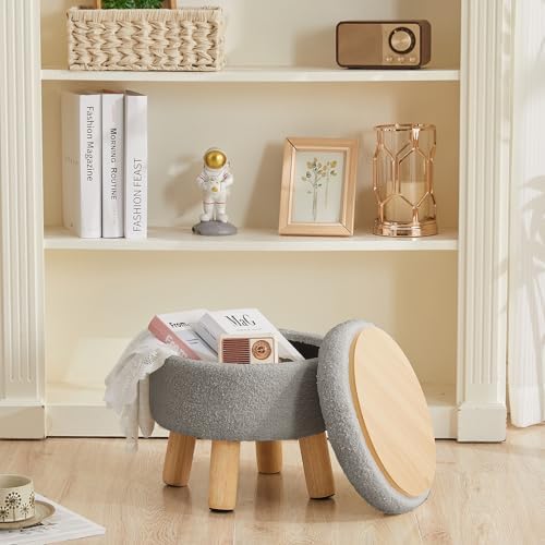 Small Foot Stool Ottoman with Storage, Sherpa Ottoman Foot Rest for Couch, Round Footstool with Storage, Small Ottomans and Footstools for Living Room and Entryway (Light Gray)