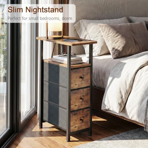 LOAKEKEL Narrow End Table with Charging Station, Small Nightstand